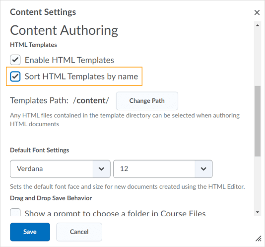 The new Sort HTML Templates by name option in the Content Settings page