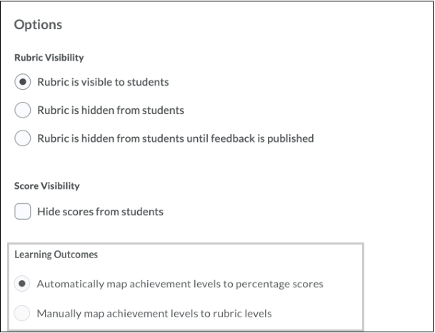 New learning outcomes containing options to manually or automatically map achievement levels to rubric levels