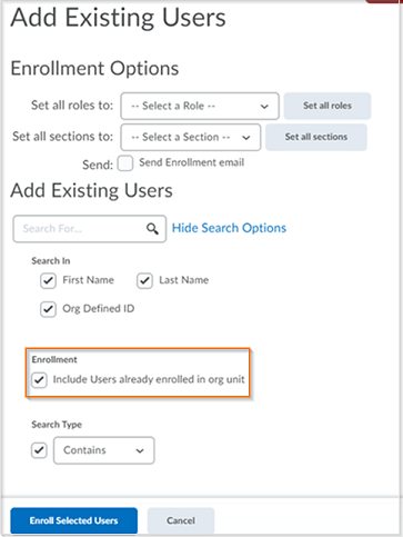 The Add Existing Users page with the new Enrollment search filter.