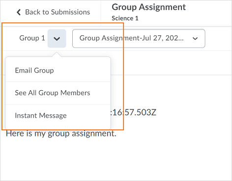 The drop-down action menu appears from the Group Name on the File Submission page in Dropbox.